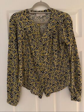 LOFT Yellow and Navy Floral-Print Long Sleeve Blouse